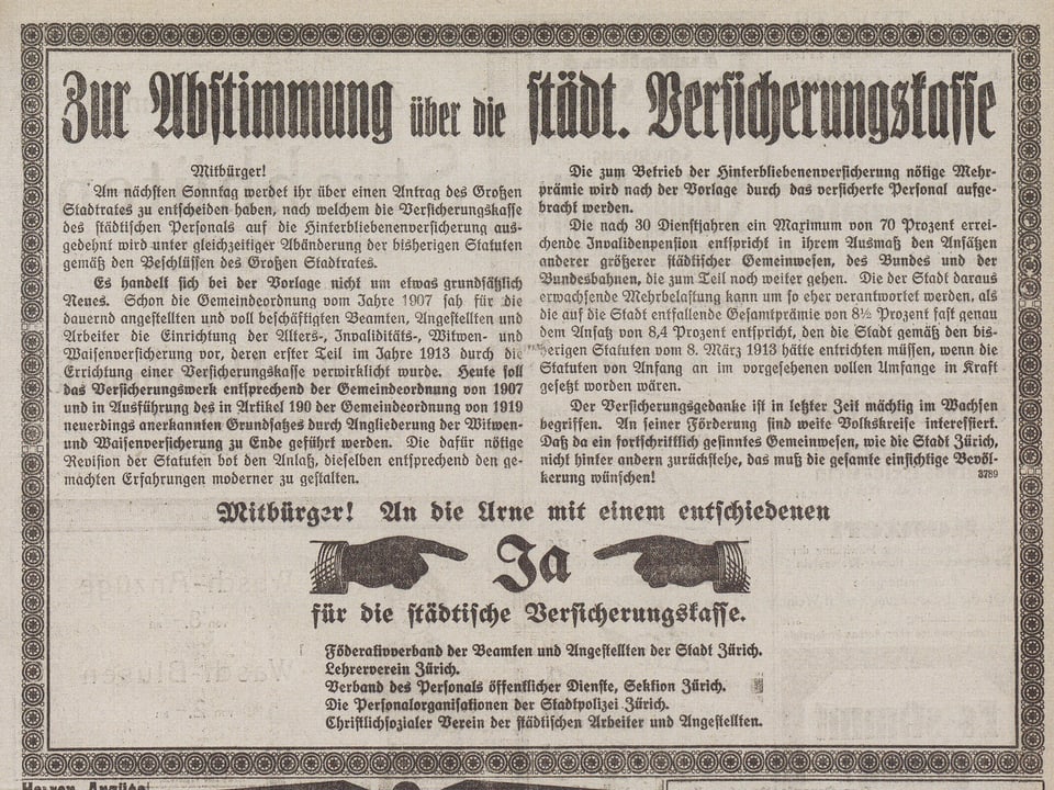 Faksimile eines Inserates zur Abstimmung im Jahr 1924 über den Ausbau der Städtische Verischerungskasse. 