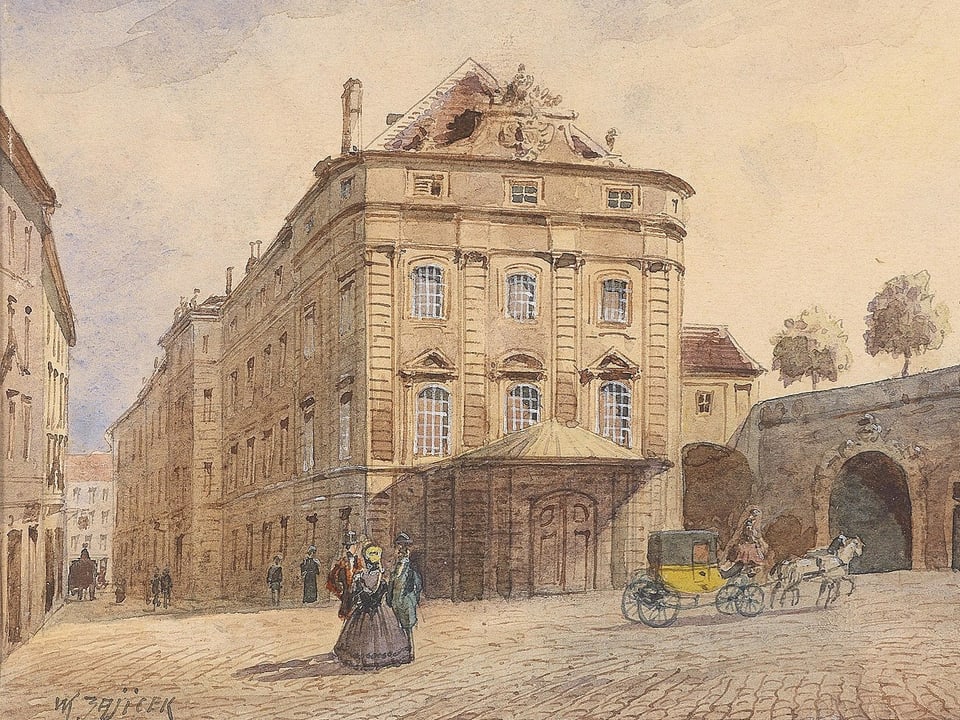 Historische Szene mit Personen und Pferdekutsche vor einem alten Gebäude.