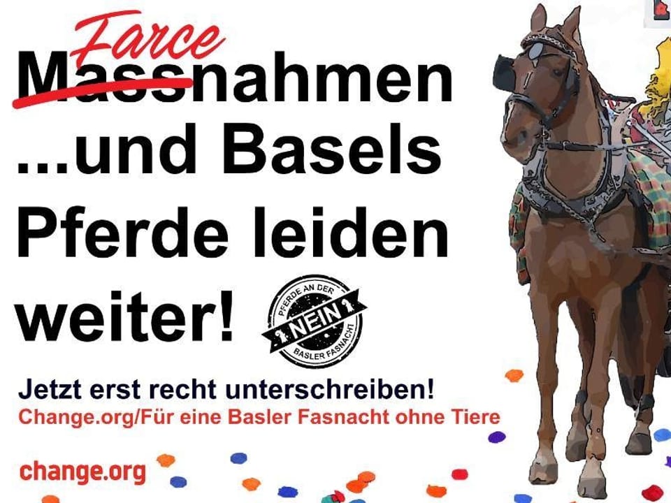 Plakat mit der Aufschrift: "Massnahmen und Masels Pferde leiden weiter". Wort Massnahmen durchgestrichen und mit Wort Farce überschrieben.
