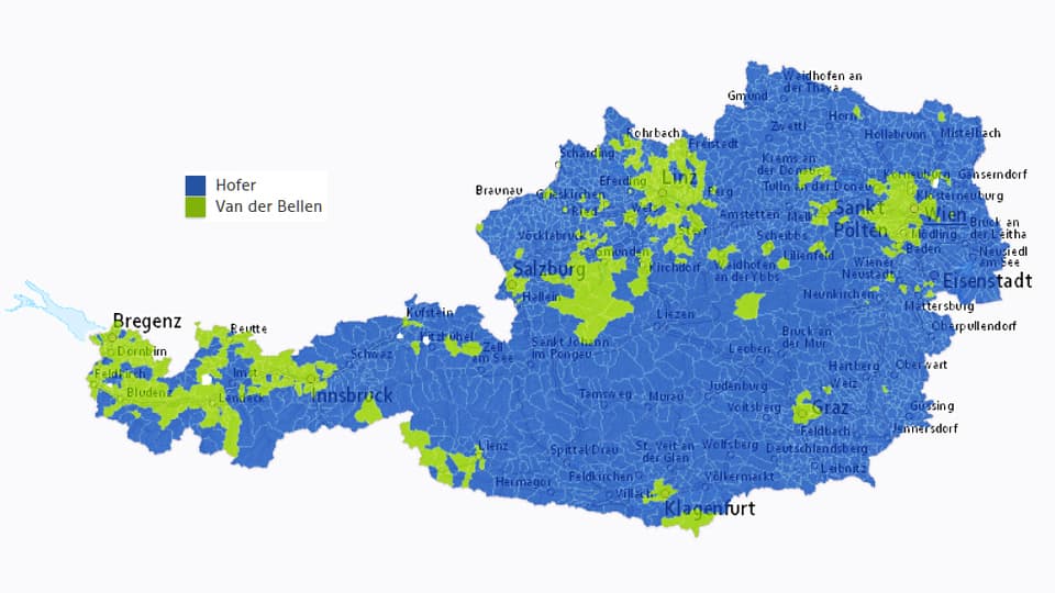 Die Karte zeigt, welcher Kandidat in welcher Gemeinde den höchsten Stimmenanteil errang.