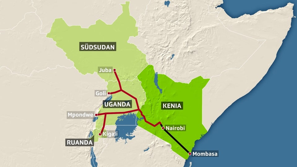 Effektiv gebaute und geplante Strecke der chinesischen Eisenbahn durch Ostafrika