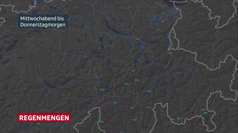 Auf einem Kartenausschnitt der Zentral- und Ostschweiz stehen die Regenmengen, die an den einzelnen Stationen gemessen wurden.