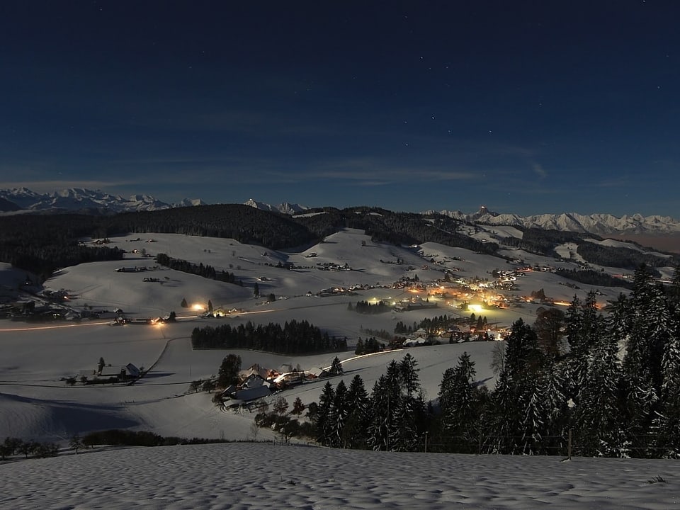 Das schneebedeckte Jassbachtal mit Linden im Mondlicht.