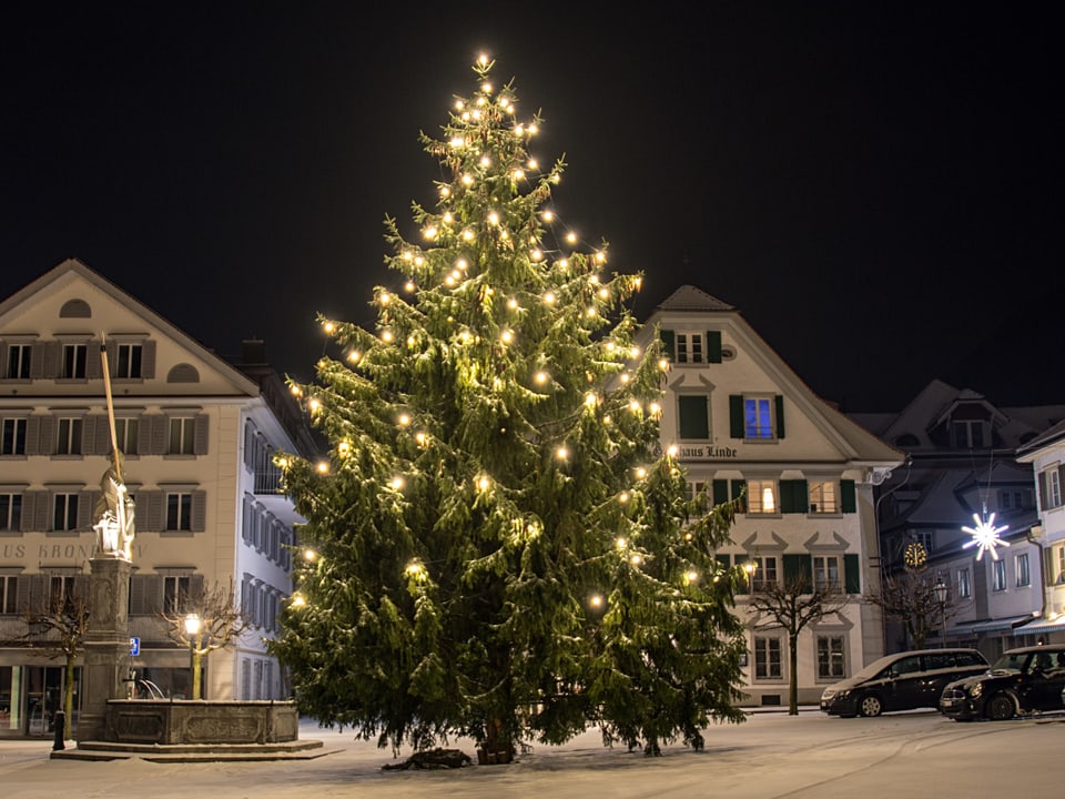 Der Christbaum am Dorfplatz leuchtet, es ist alles mit Schnee bedeckt.