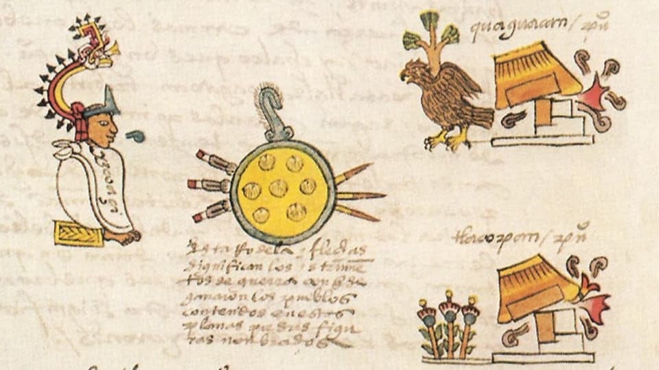 Zeichnungen des Herrschers und seiner Eroberungen aus dem Codex Mendoza 