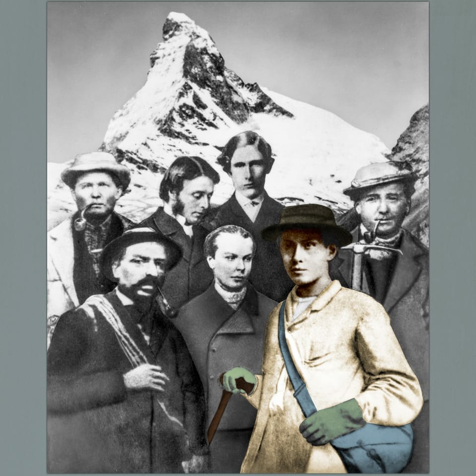 Eine schwarz-weisse Bildmontage mit den 7 Erstbesteigern des Matterhorns und der Berg im Hintergrund