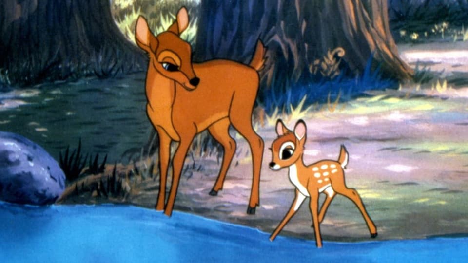Schwwarz-weisses Bild von Bambi, der sich zwischen den Beinen seiner Mutter versteckt 