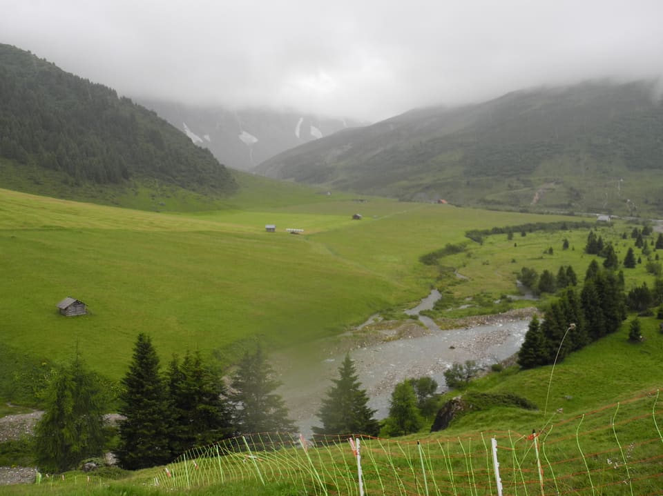 Zaun im Vodergrund. Im Hintergrund wolkenverhangenes Alpental.