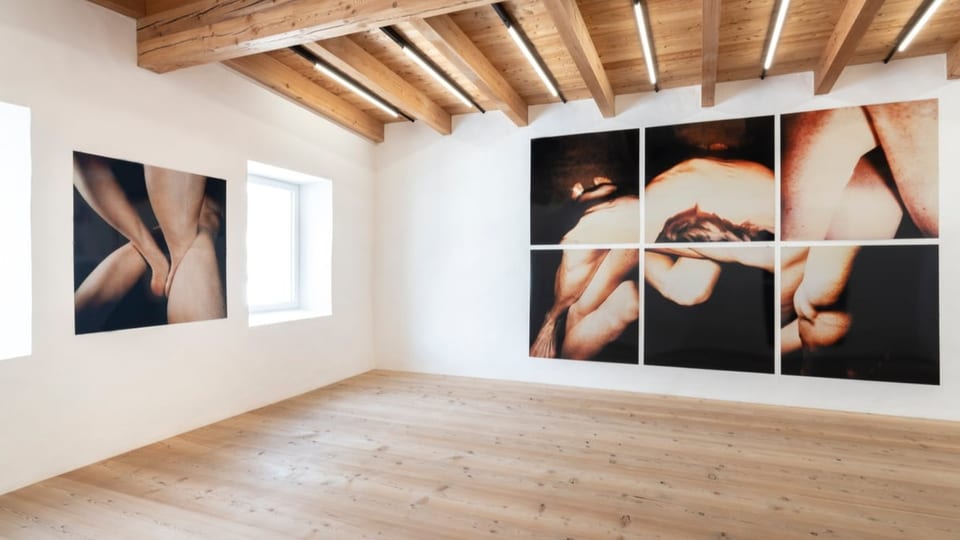 Raum mit weisser Hand, Holzboden. Hinten an der Wand grosses Bild aus sechs Polaroids, zeigt Körper vor schwarzer Farbe