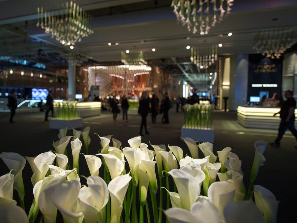 Blick in die Ausstellungshalle, im Vordergrund Blumen.