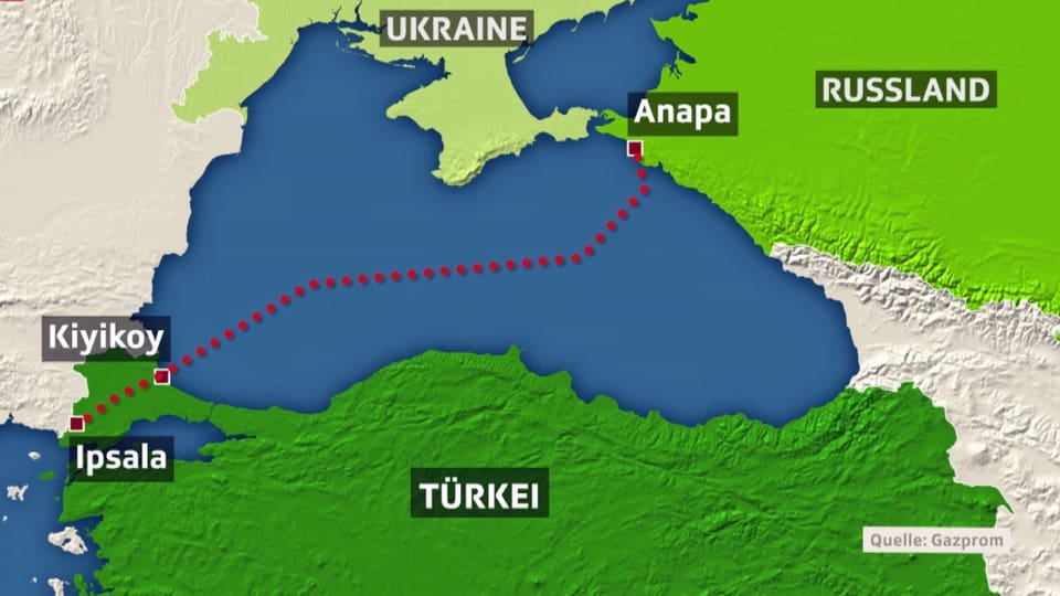 Karte zeigt Orte in der Türkei und Russland, die die Gas-Pipeline verbinden soll. 