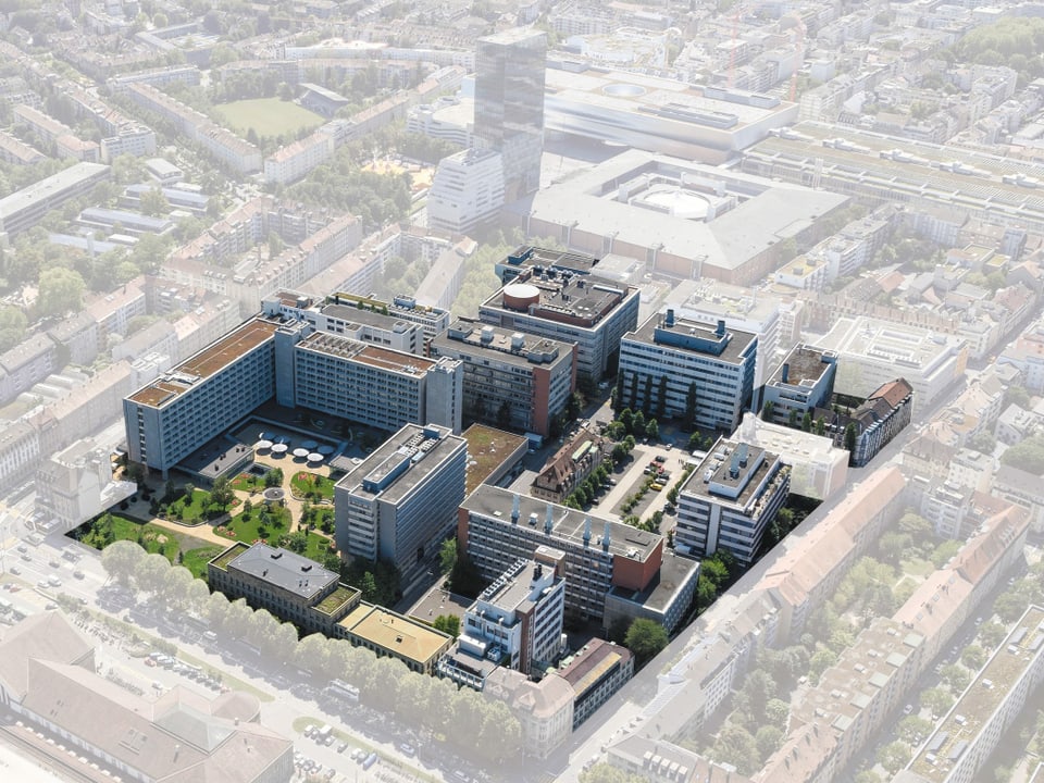 Luftbild von oben, das neue geplante Quartier als Visualisierung.