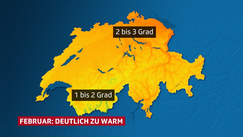 Die Schweizer Karte zeigt die Abweichungen der Februarmitteltemperatur im Vergleich zur Norm.