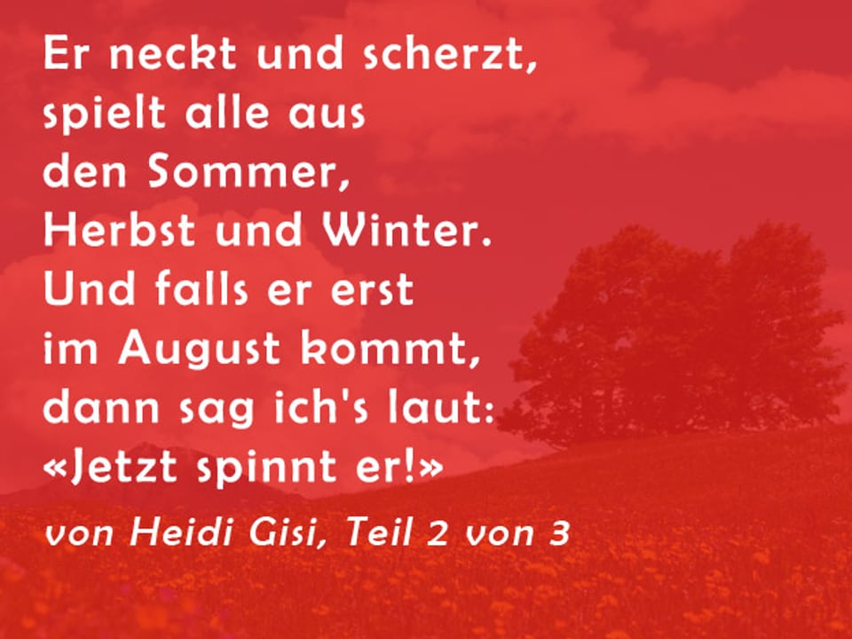 Gedicht von Heidi Gisi: Er neckt und scherzt, spielt alle aus den Sommer, Herbst und Winter. Und falls er erst im August kommt,dann sag ich's laut: "Jetzt spinnt er!"