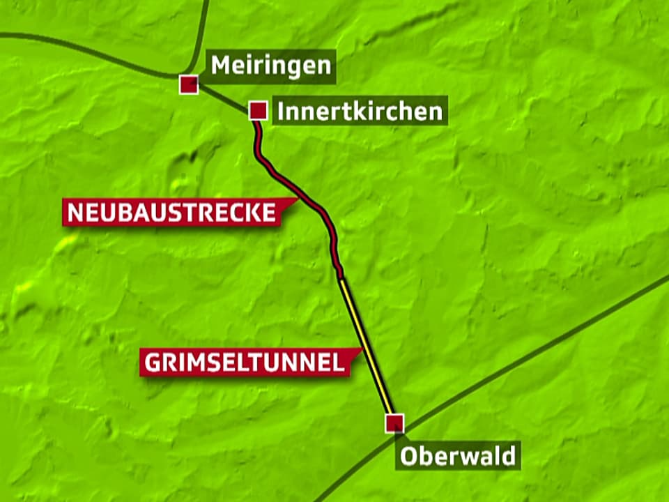 Kartenausschnitt mit der geplanten Eisenbahnlinie und dem Grimseltunnel.