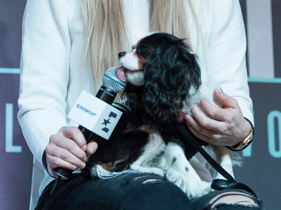  Der Hund von Lindsey Vonn schleckt am Mikrofon