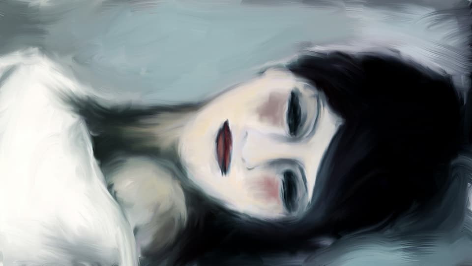Zeichnung einer Frau mit dunklen Haaren, liegend, mit geschlossenen Augen.