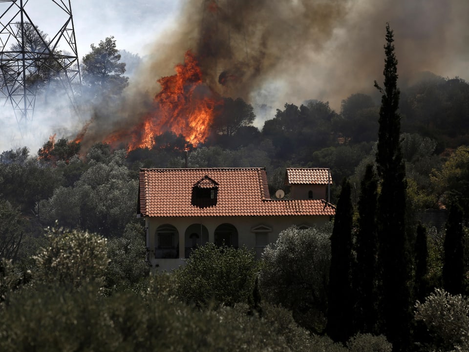 house in a forest  A big fire is burning in the background.