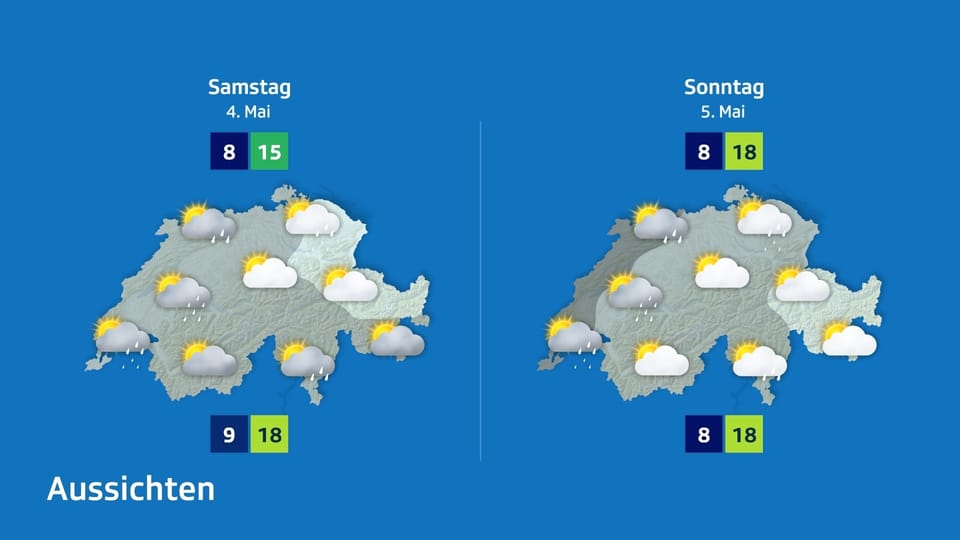 Wettervorhersagekarten für Samstag und Sonntag mit Temperaturangaben und Wolkensymbolen über einer Landkarte.