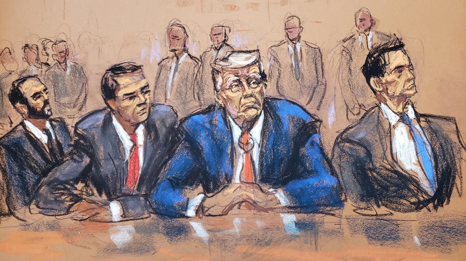 Eine Illustration zeigt Trump und seine Anwälte vor Gericht.