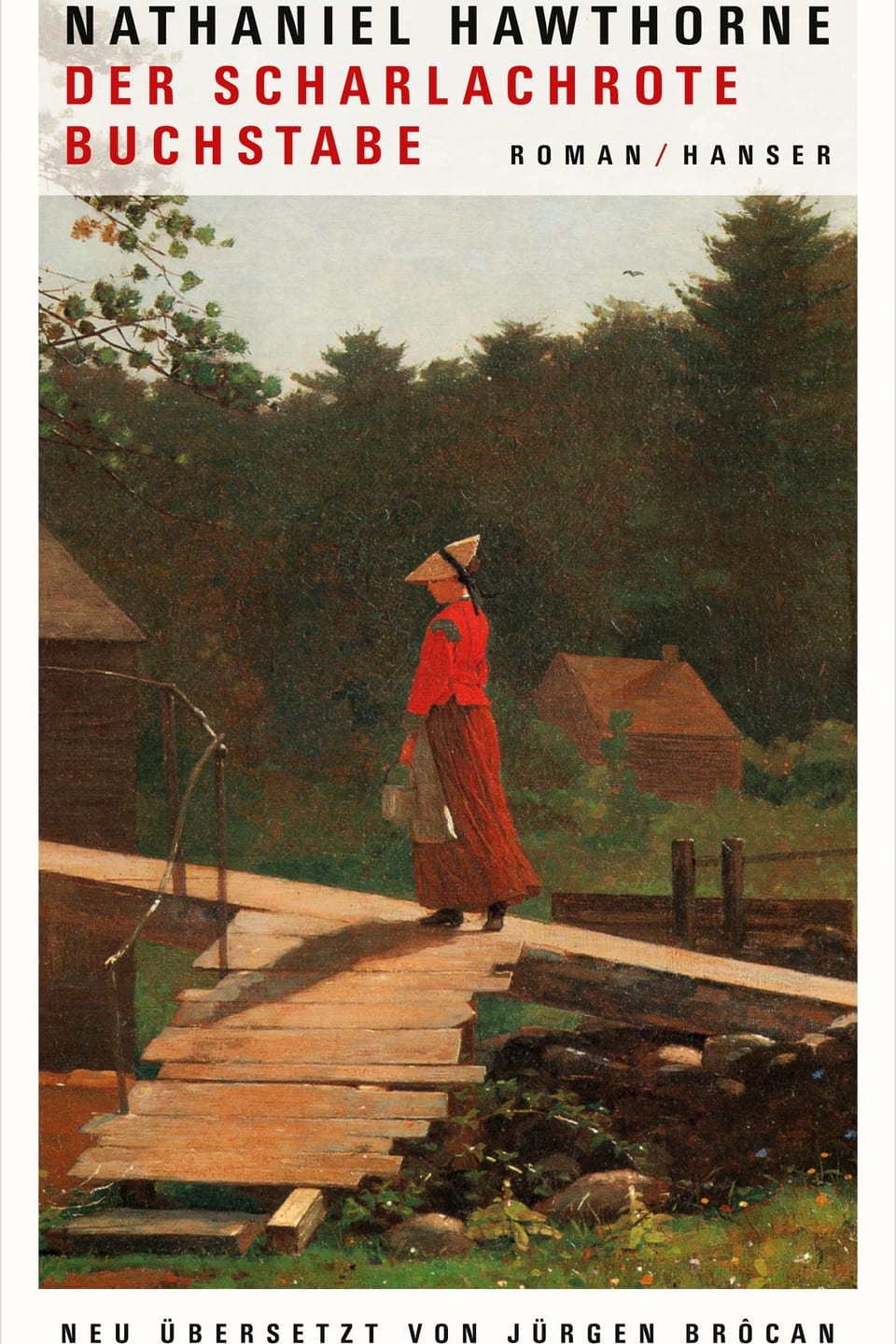 Eine rot gekleidete Frau betritt ein einfaches Haus auf dem Land.