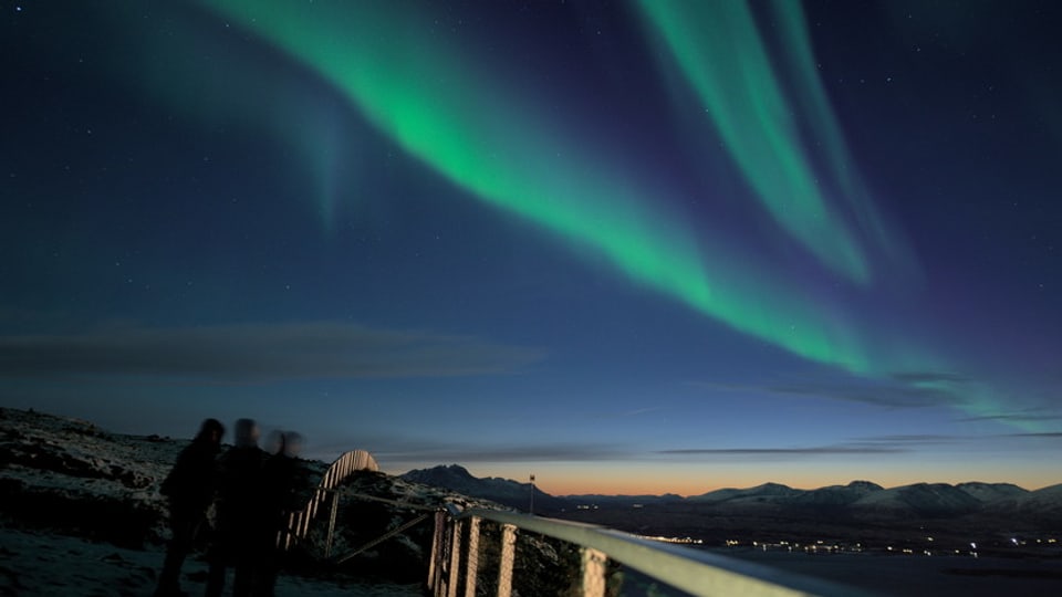 Grünes Polarlichtband über einer Landschaft