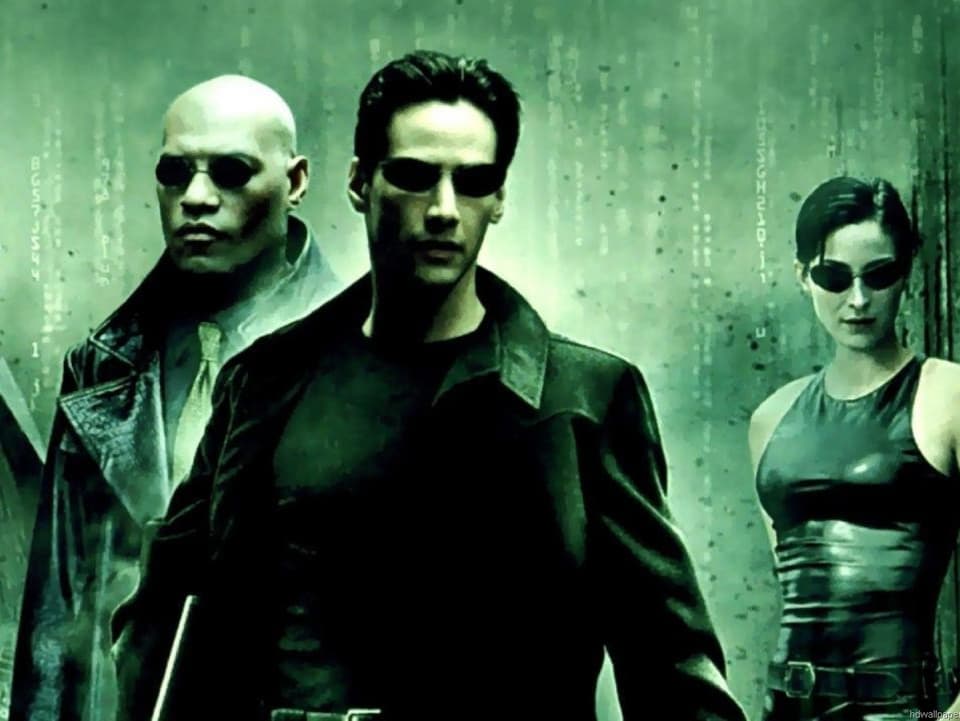 Die Matrix-Crew: Joe Pantoliano, Laurence Fishburne, Keanu Reeves und Carrie-Anne Moss.