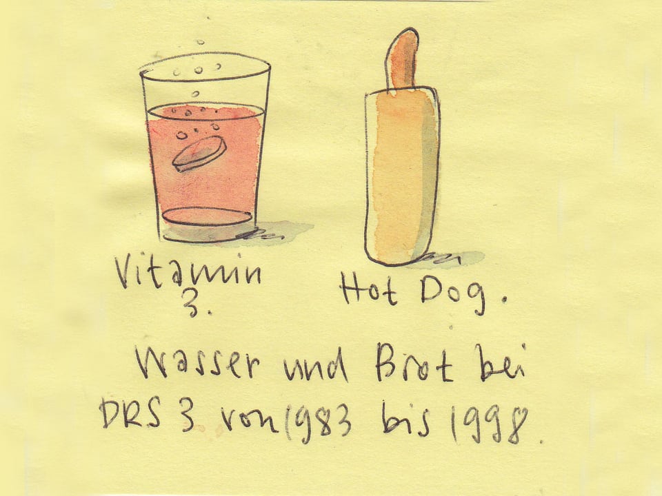 Zu sehen ist ein gezeichnetes Glas, in der sich eine Vitamin-Pille auflöst. Daneben steht ein Hot Dog.