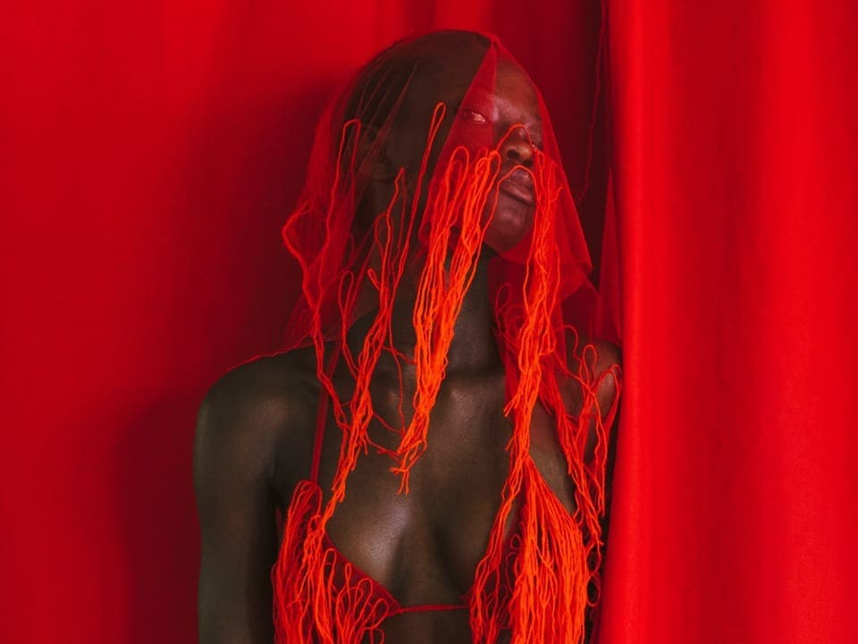 Schwarze Frau steht vor einem roten Vorhang oder Ruch, sie trägt einen roten Tüllschleier und Bikini mit Fransen.