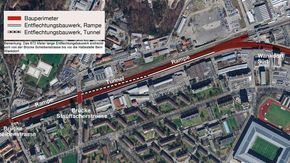 Ein gut 800 Meter langer Tunnel unterquert die Geleise und entwirrt den Verkehr Richtung Oberland und Mittelland
