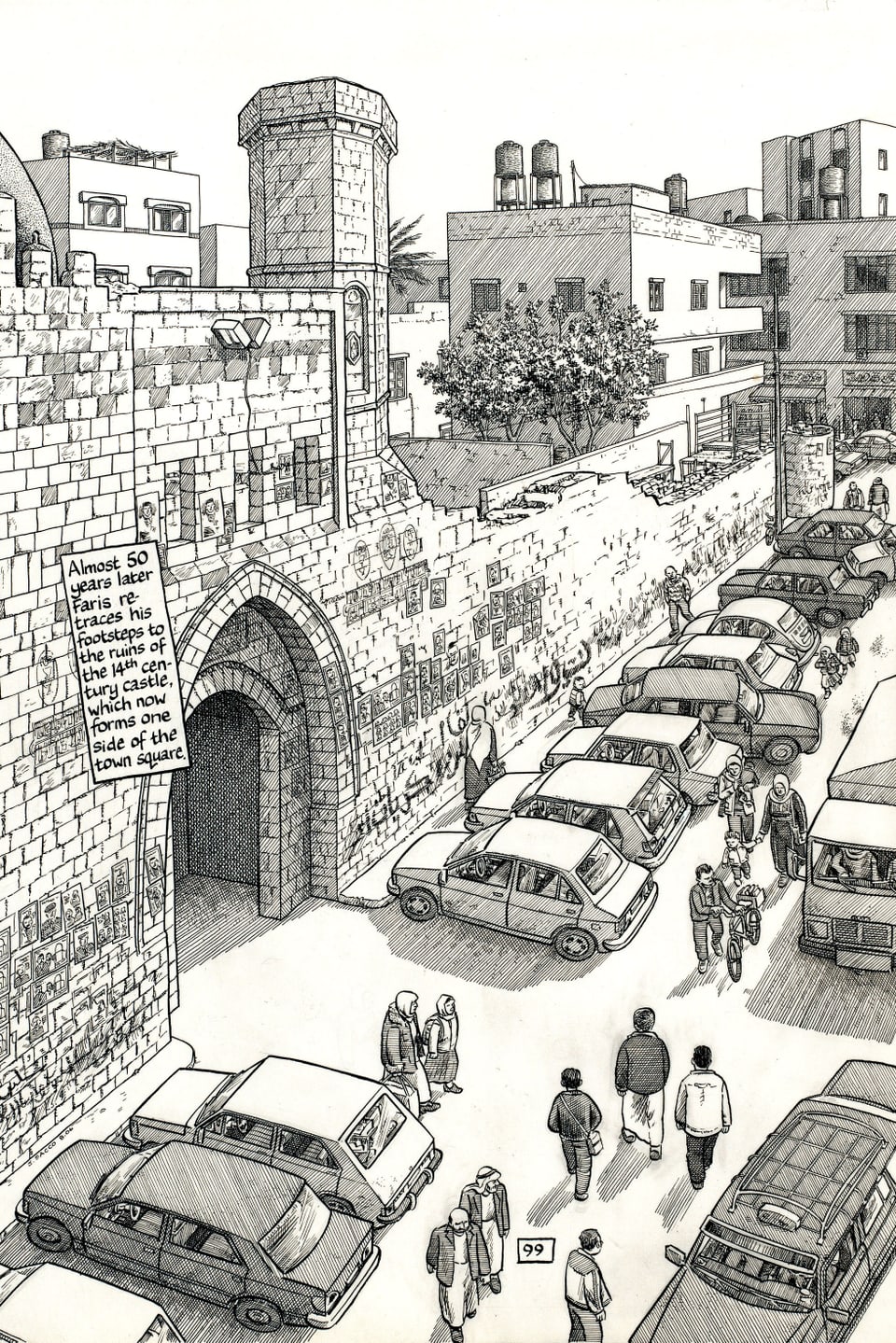 Eine Burgmauer, davor eine Kolonne mit Autos und Fussgängern.
