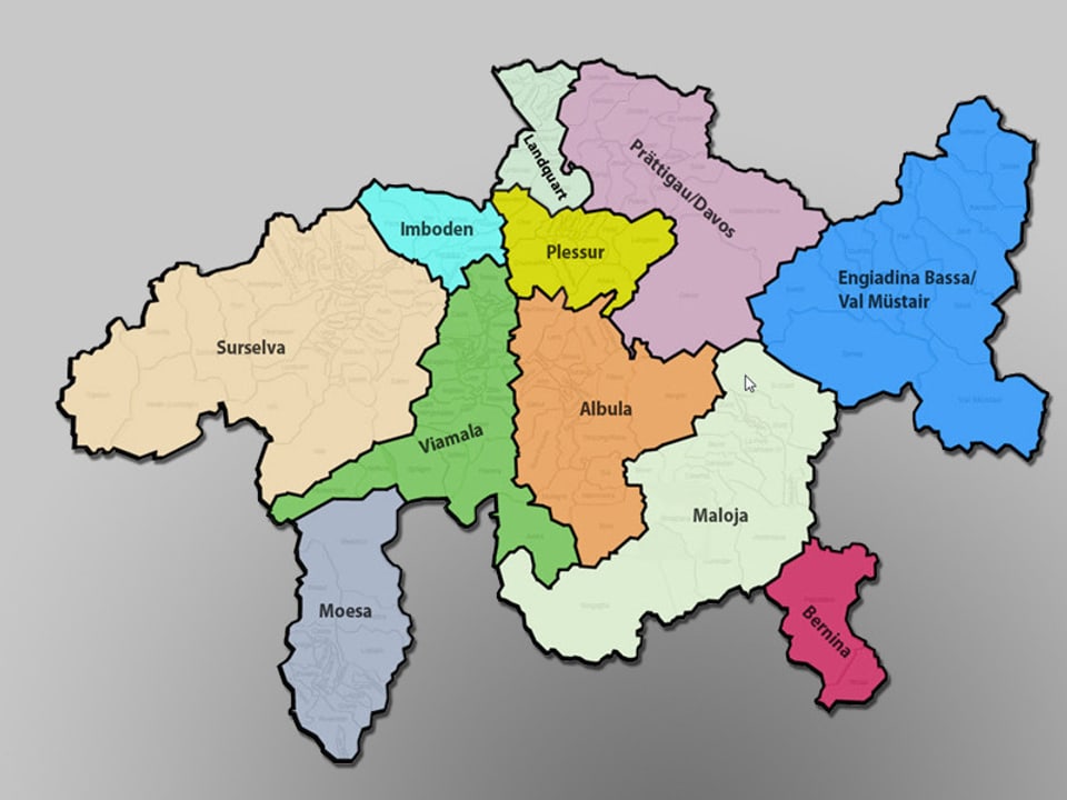 Karte mit den elf Regionen im Kanton Graubünden.