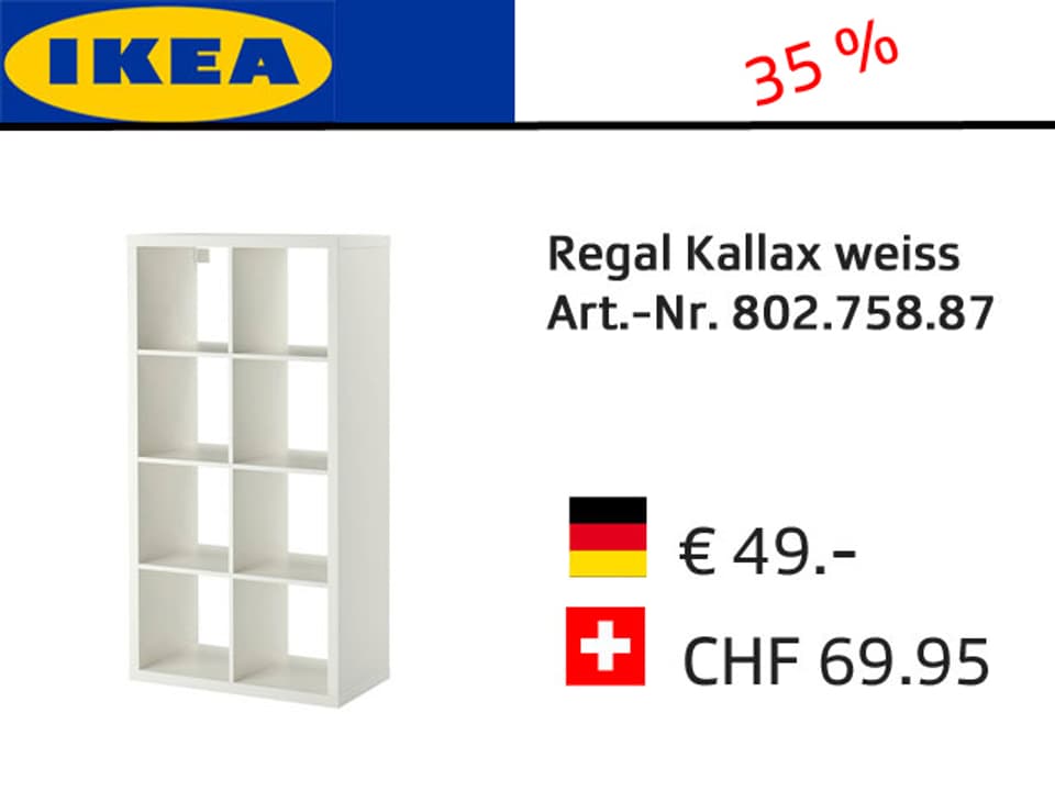 Ikea-Grafik mit Preisvergleich Deutschland-Schweiz: Regal Kallax weiss. + 35%.