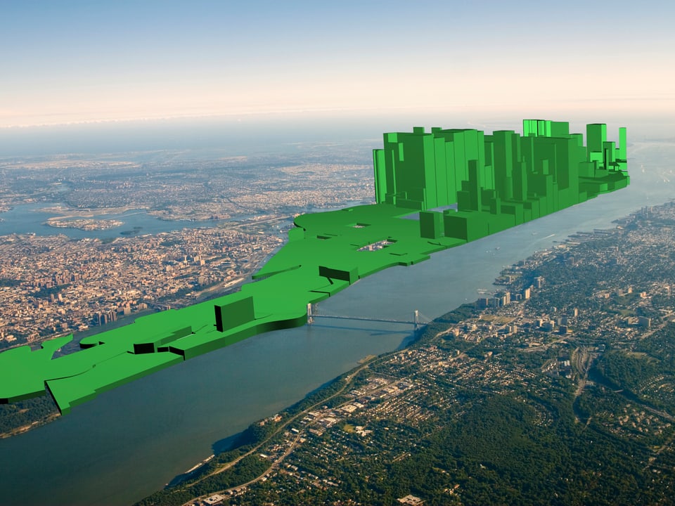 Eine digitale Skyline über Manhattan, New York, zeigt in grüner Farbe an, wie ungleich der Wohlstand in der jeweiligen Region verteilt ist.