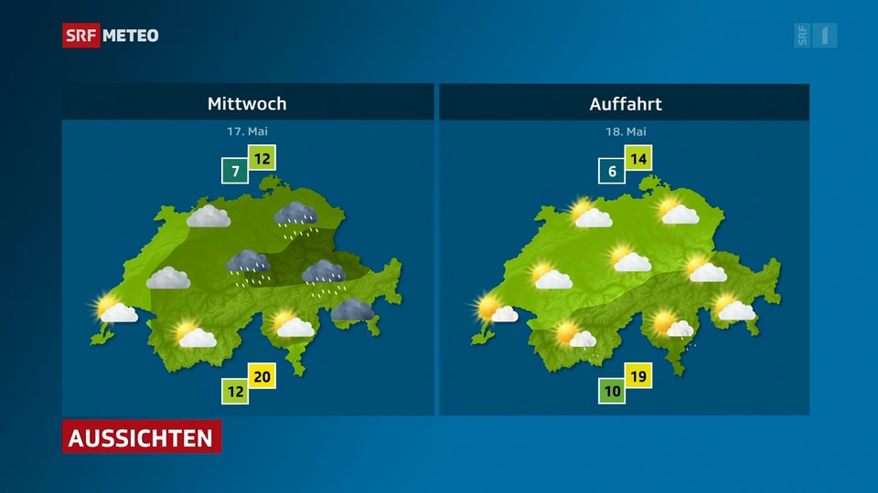 Wettervorhersagekarte der Schweiz für zwei Tage, mit Temperaturangaben und Symbolen für Sonne und Regen.