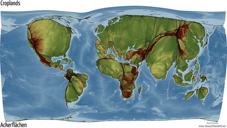 Die Weltkarte zeigt den Anteil der Ackerflächen in den jeweiligen Regionen.