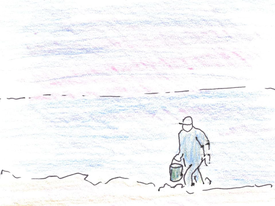 Zeichnung eines Menschen, der mit einem Eimer in der Hand am Strand entlang läuft.