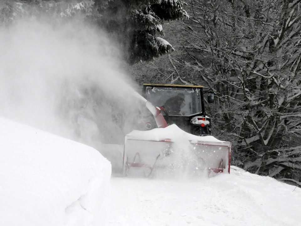 Ein Bauer fräst mit seinem Traktor die Schneeverwehungen von der Zufahrtsstrasse zu seinem Hof weg. Dazu fährt er rückwärts die Strasse hinauf. Im Hintergrund ein tief verschneiter Wald.