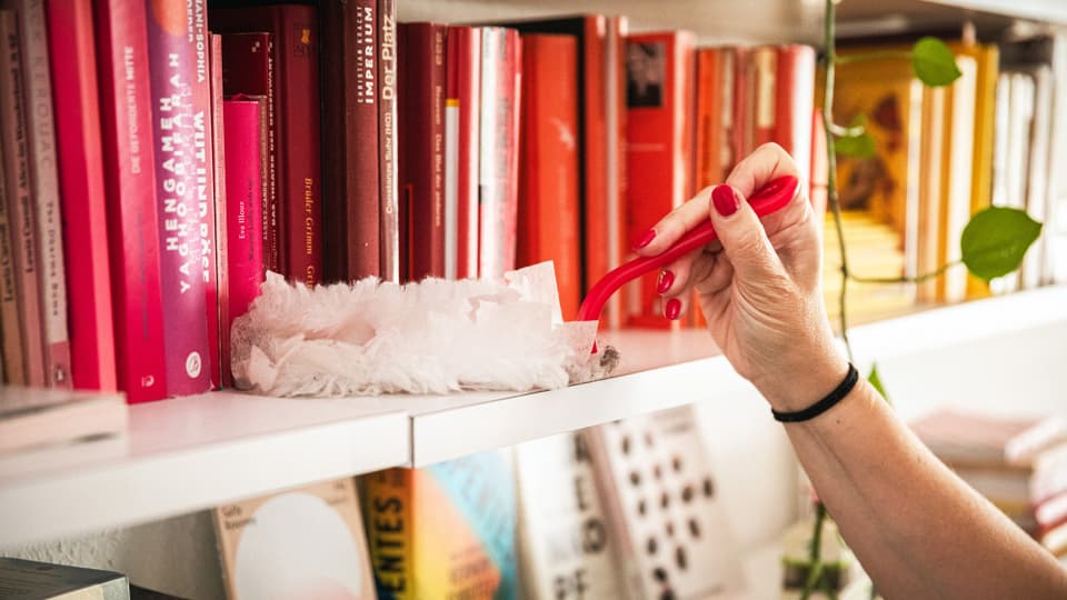 Frauenhand am Staubwischen eines Bücherregals.