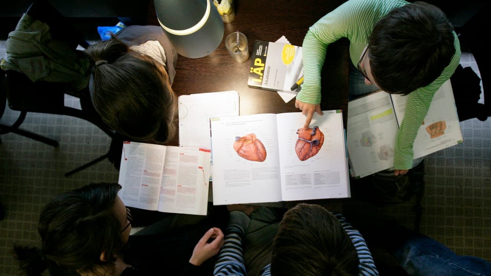 Studenten sitzen in der Bibliothek der Universitaet Hamburg um einen Tisch mit medizinischen Fachbüchern (von oben).