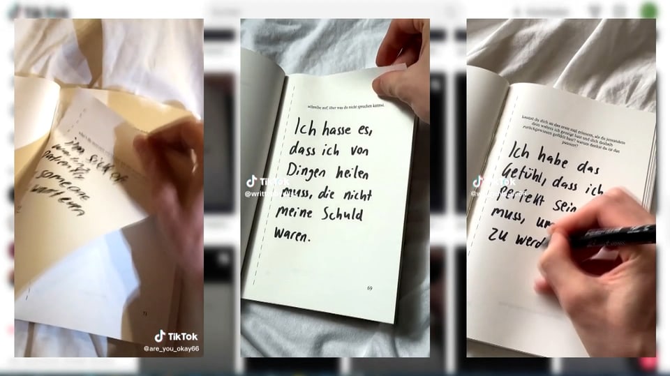 Bildzusammenschnitt von drei Tiktok-Videos, alle je mit einer weissen Buchseite, schwarze Schrift.