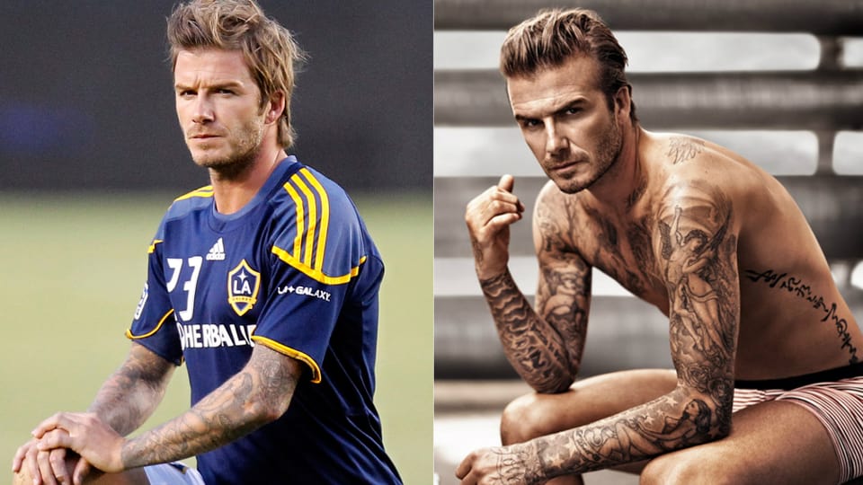 David Beckham im Fussball-Trikot und oben ohne.