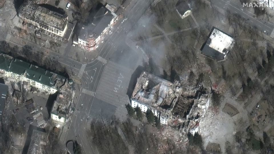 A satellite photo shows the Mariupol Theater after the shelling.