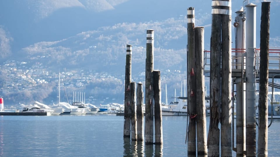 Blick von einer Bootsanlegestelle über den Lago Maggiore.
