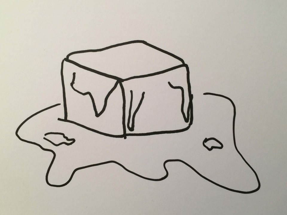 Eine Zeichnung mit einem Eisblock, der am Schmelzen ist. 