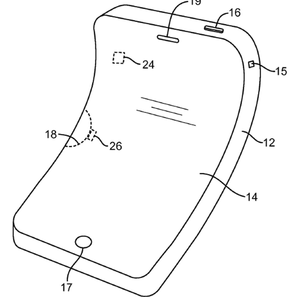 Eine Patentskizze für ein gebogenes Telefon.