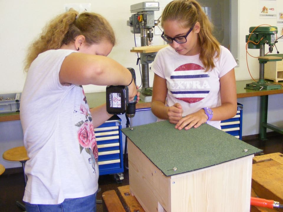 Zwei Mädchen bauen ein Igelhaus