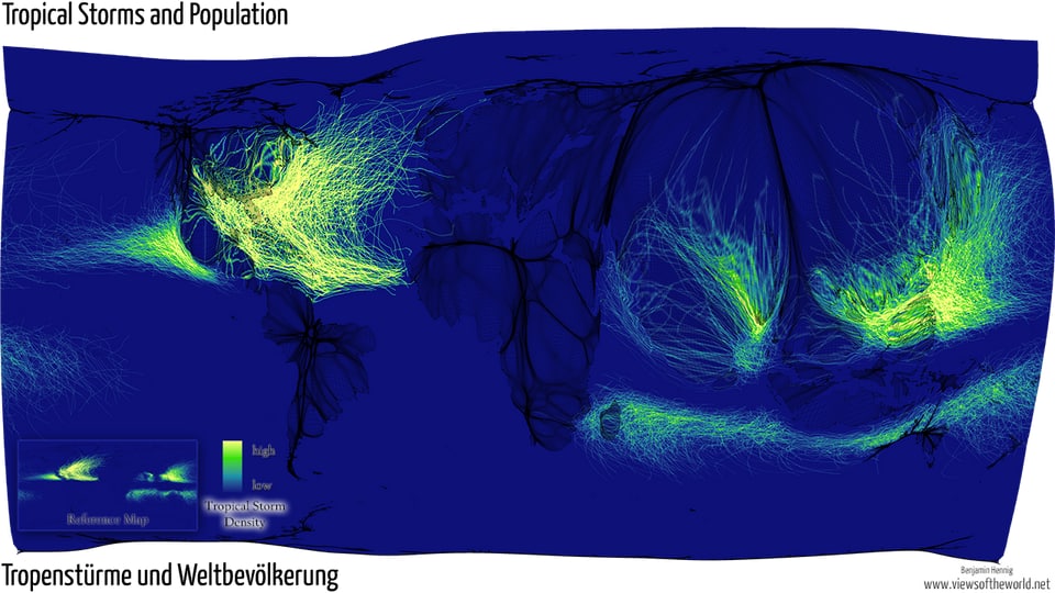 Die Karte zeigt die die Menge und Intensität von Tropenstürmen über einer Weltkarte, gewichtet nach Zahl der Einwohner.