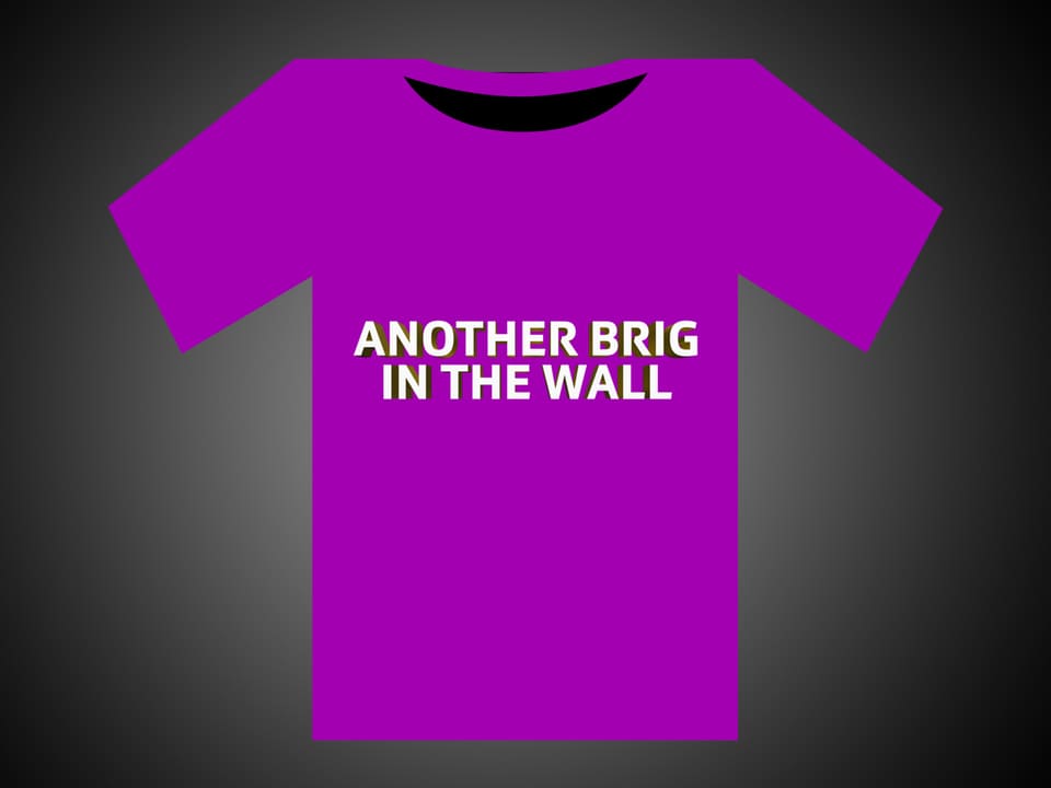Weisse Schrift auf einem rosaroten T-Shirt: Another Brig In The Wall.