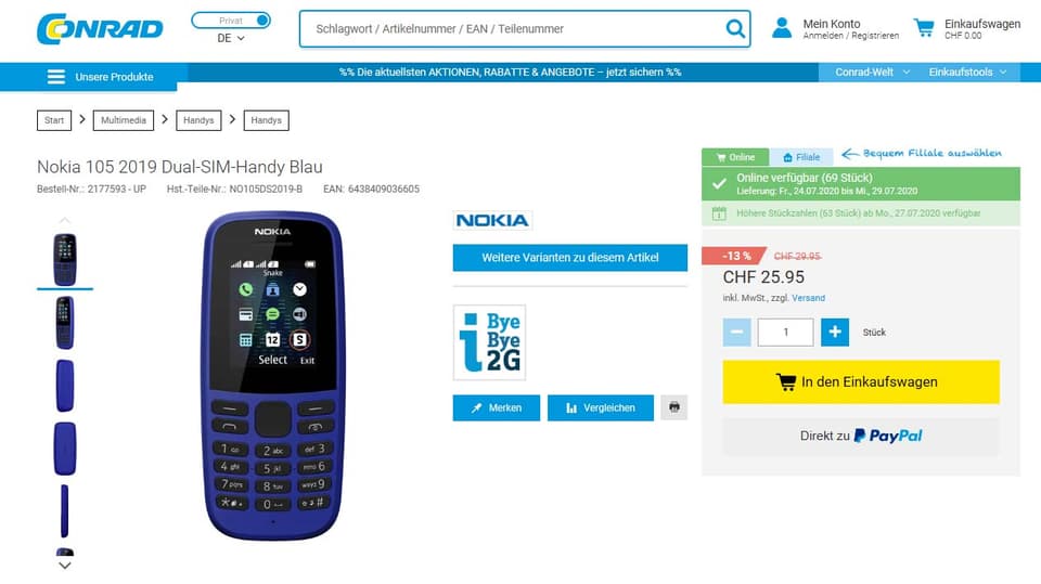 Screenshot Conrad-Webshop mit Nokia105-Handy